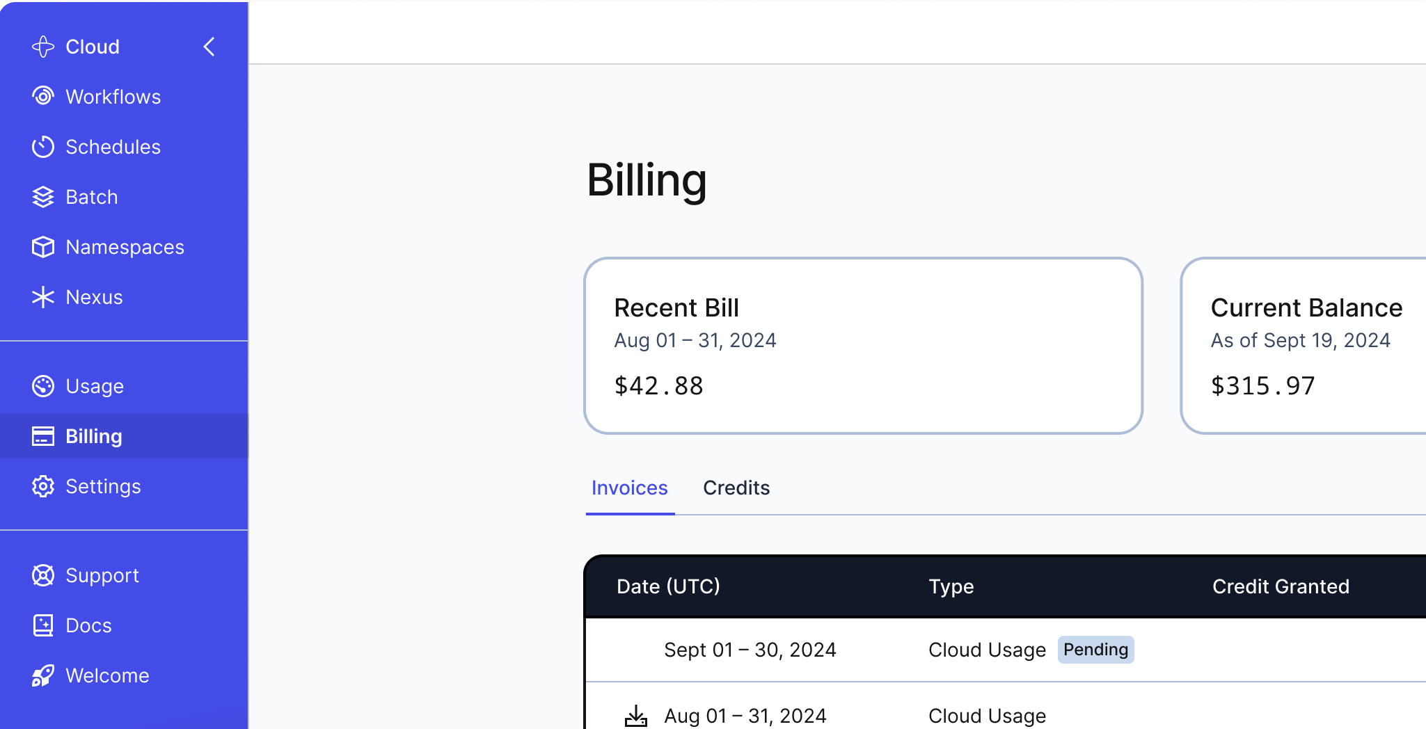 Recent bill card showing a balance of $0.00